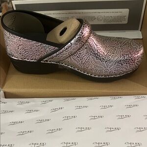 Dansko Metallic Pink Lace Pattern Clogs